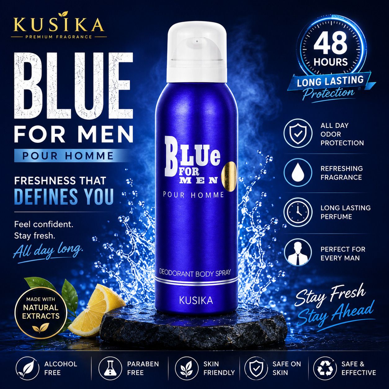 Blue For Men Premium Body Spray | Luxury Fresh Fragrance | Long Lasting Perfume Deodorant Spray - For Men-image-15