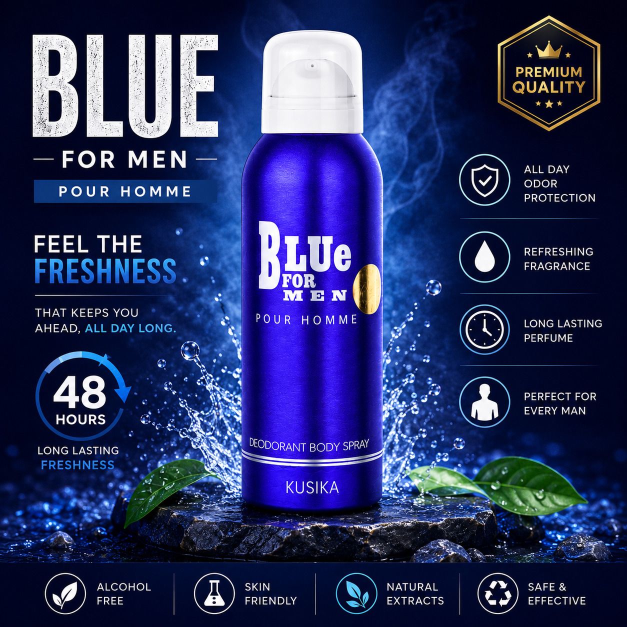 kusika Blue For Men – Luxury Long Lasting Premium Fresh Fragrance | All Day Confidence Deodorant Spray - For Men-picture-21