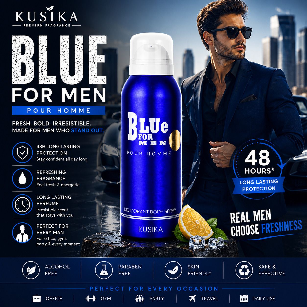 kusika Blue For Men Long Lasting | 48H Odor Protection Daily Use Deodorant Spray - For Men-picture-17