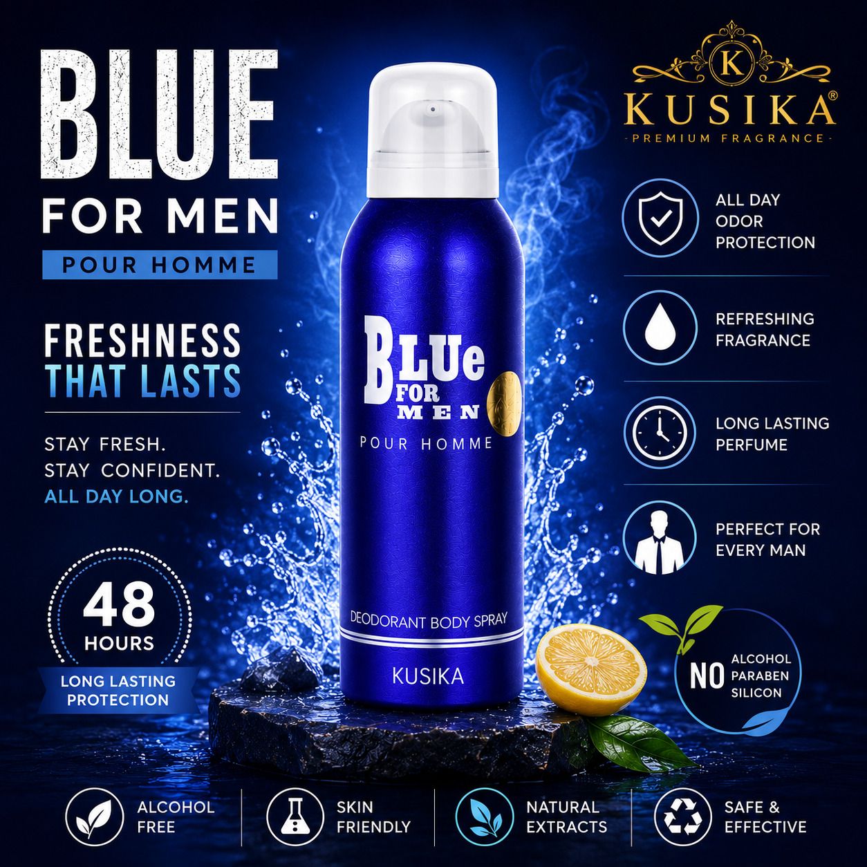 Blue For Men Luxury Long Lasting Deodorant Body Spray | Premium Fresh Fragrance Deodorant Spray - For Men-image-34