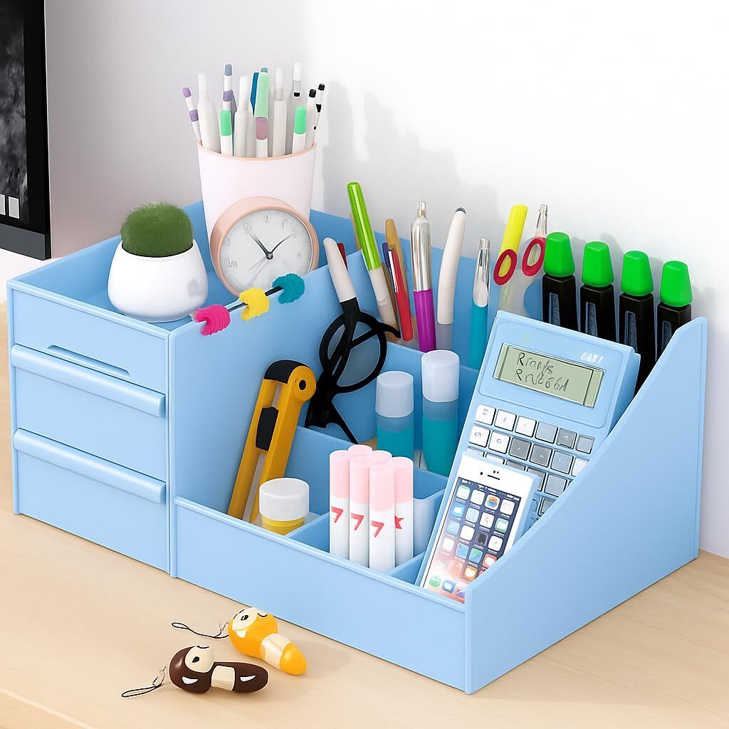 7 Compartments Plastic Desk Organizer for Study Table & Office Use 2 Drawer Storage Box-image-34