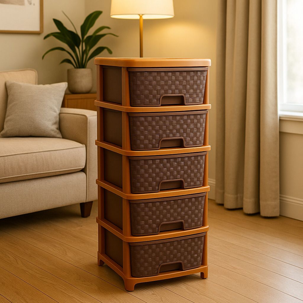 suptikes Plastic 5 Layer Brown Home Essentials Plastic Free Standing Chest Drawers Storage Basket-picture-22
