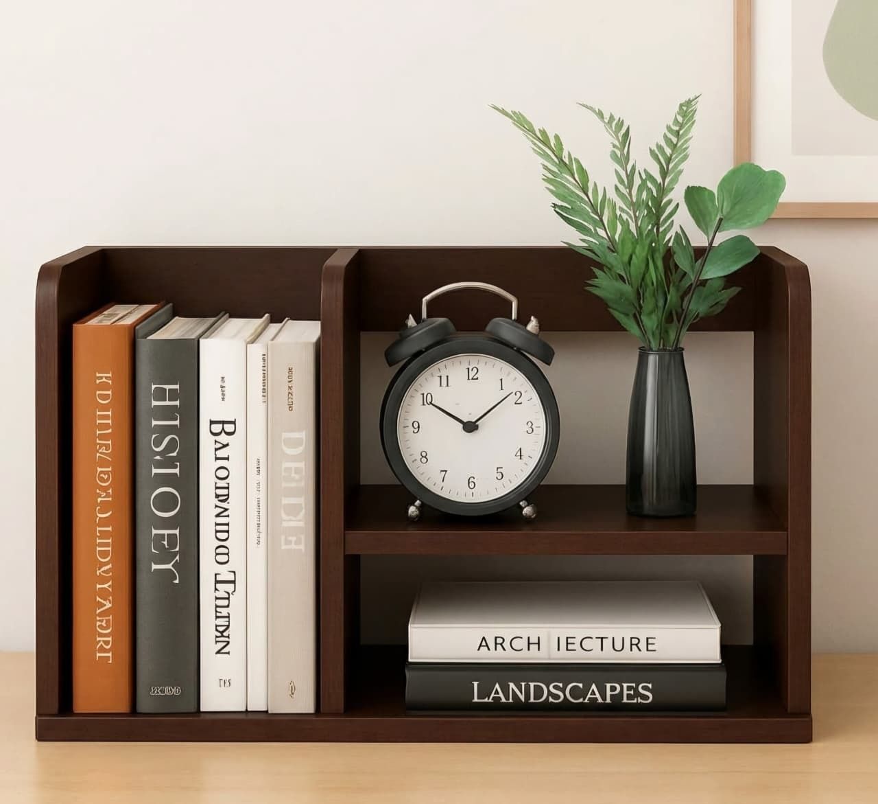 Desktop Wooden Bookshelf, Small Table Top Book Organizer with 2 Compartments Engineered Wood Open Book Shelf-image-2
