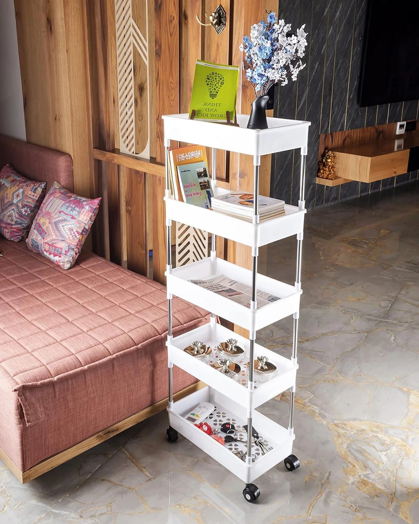 5 Compartments plastic Stainless Steel Storage Trolly-image-8