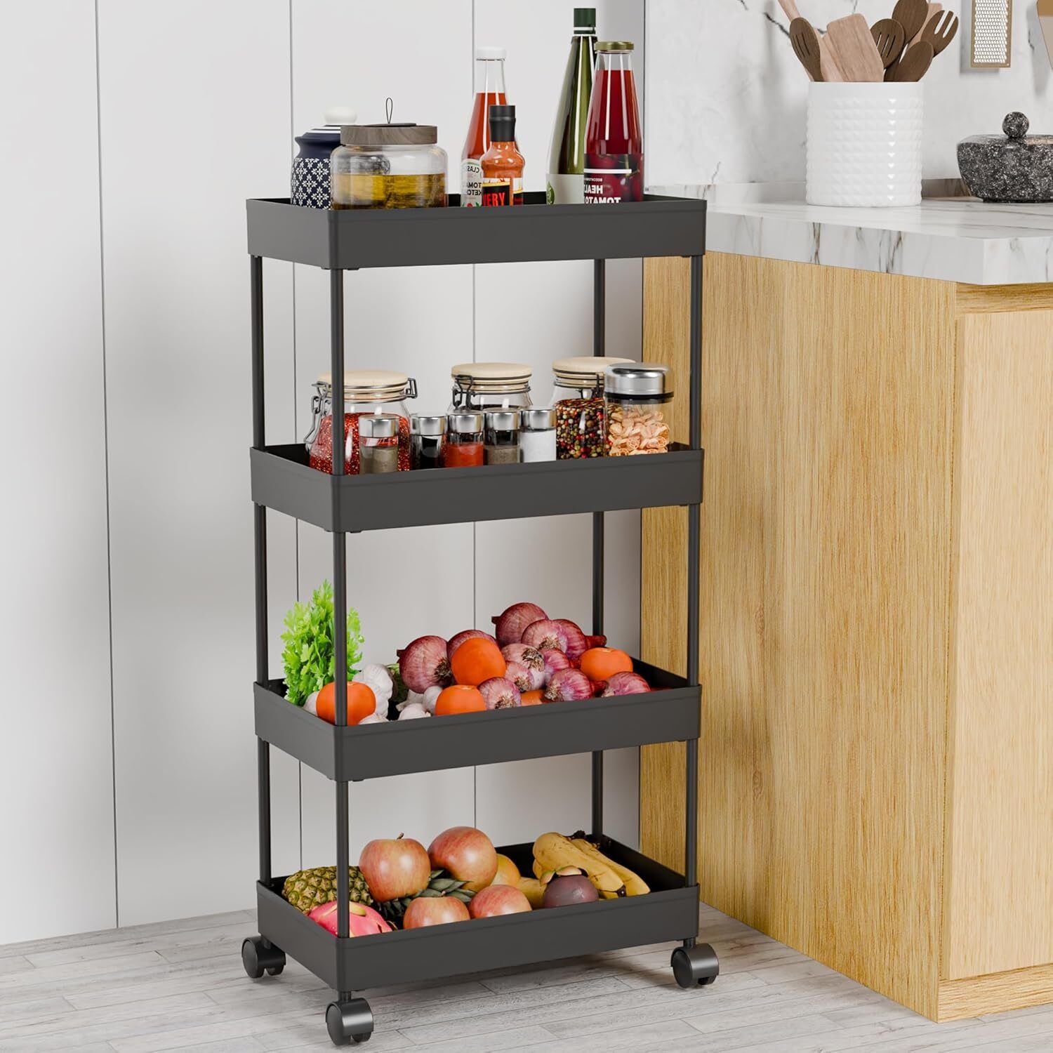 Plastic 4 compartments plastic foldable trolley for spice racks With wheels Storage Basket-image-48