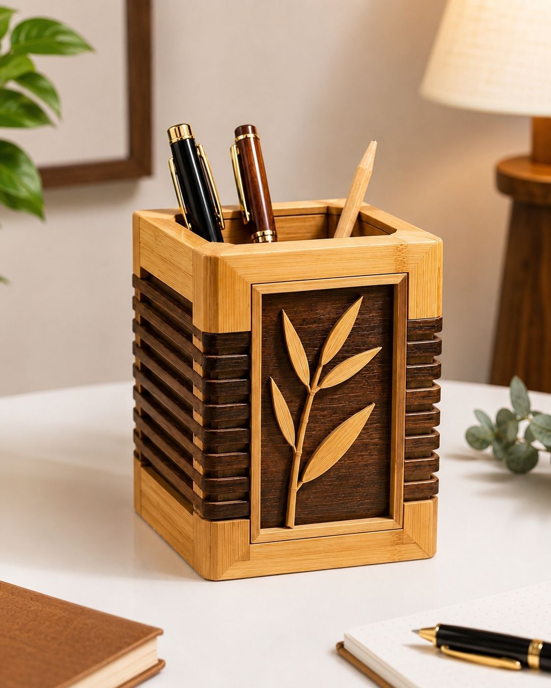 1 Compartments Bamboo wood Pen stand-image-17