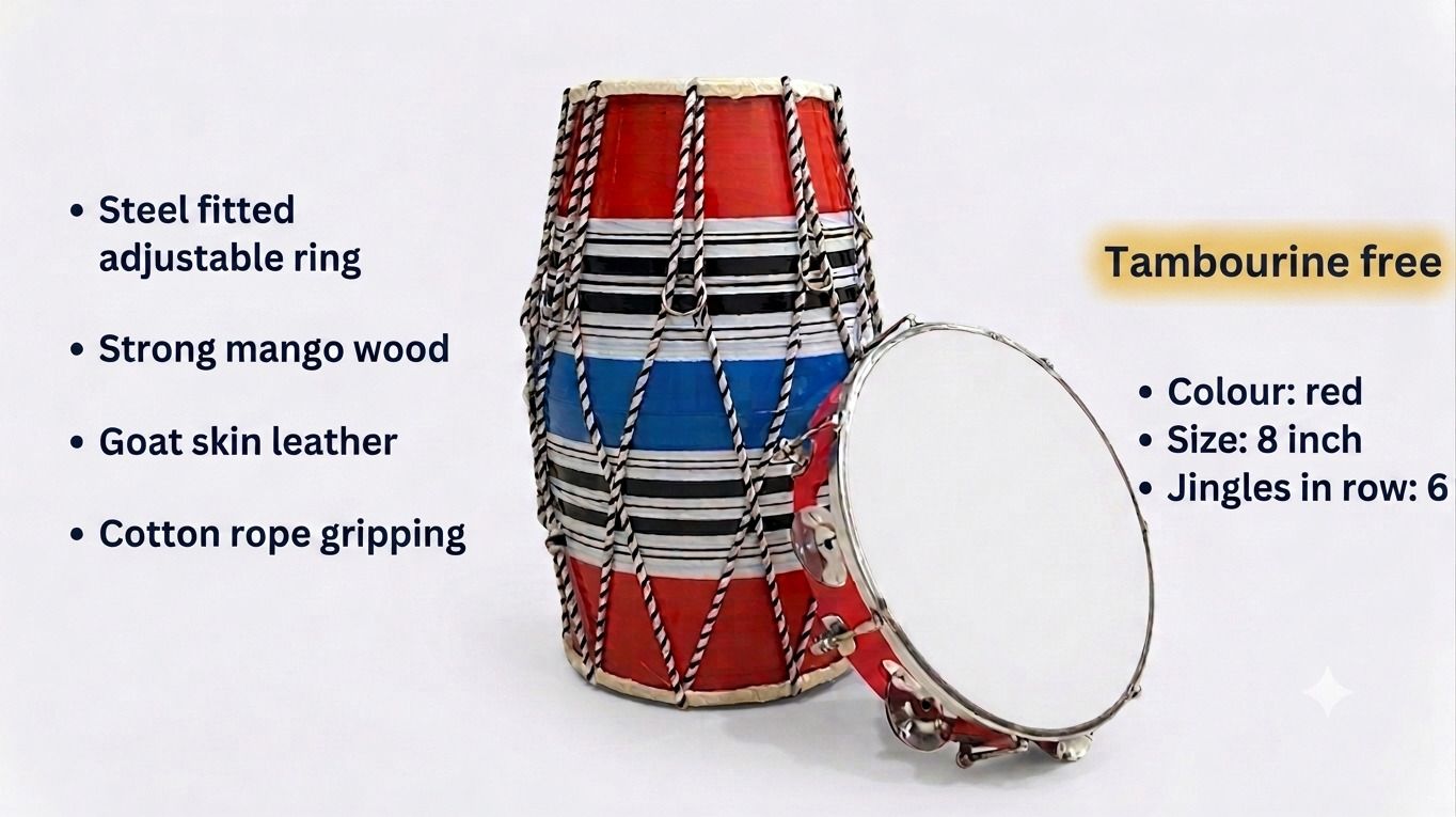 Dholak multicolour 12-inch Baby size with one Tambourine free Rope & Rings Dholak-image-18