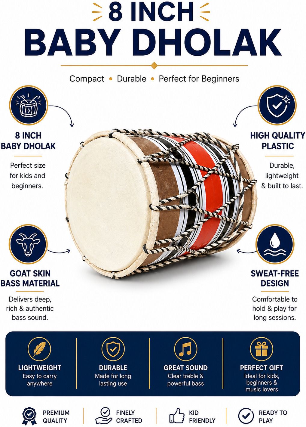 omshritraders Traditional Handcrafted Wooden Dholak Rope & Rings Dholki-picture-30