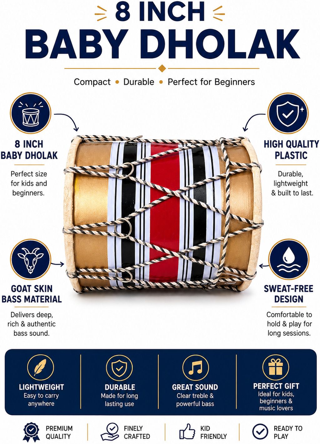 omshritraders New Baby Dholak For Kids 8Inch Rope & Rings Dholki-picture-15