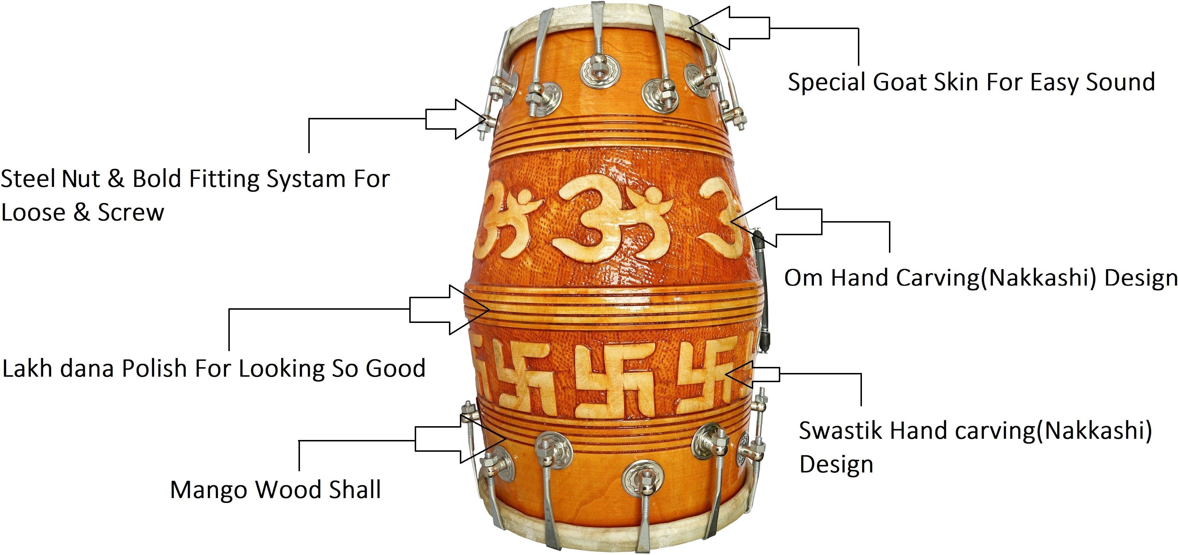 OM Carving design on wood Double nut & Bold Nut & Bolts Dholak F-1 Nut & Bolts Dholak-image-31