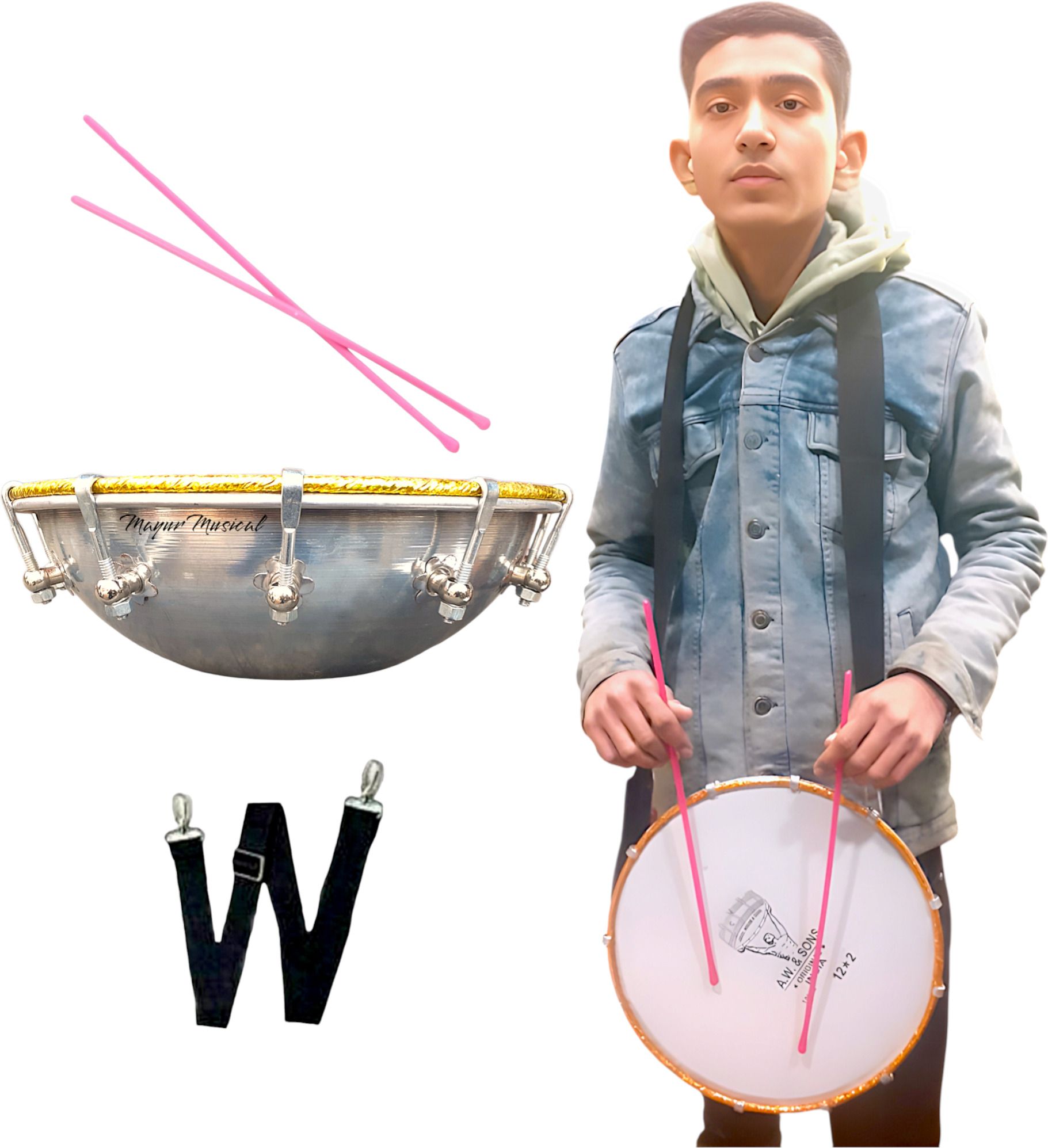 Traditional Tasha Dhol 12 Inch | High Class Festival Drum with Sticks & Belt Nut & Bolts Dholak-image-2