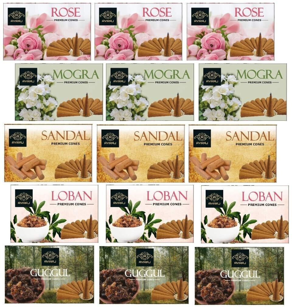 aviraj Incense Dhoop Cones Multi Fragrance Dhoop Cone Combo of 15 Box With Stand Sandal, Rose, Guggul, Floral Dhoop image 1