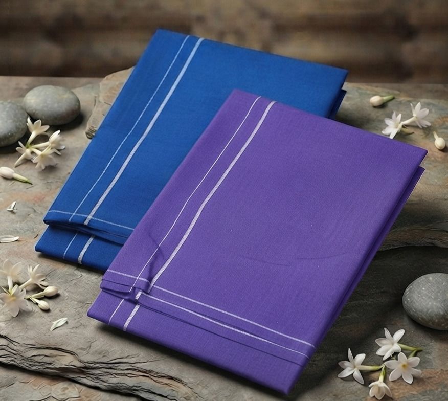 Shri Raghavendra Textiles Premium Blue & Violet Cotton Kambi Karai Dhoti Set – Festive Men's Traditional Self Design Men Dhoti-picture-16
