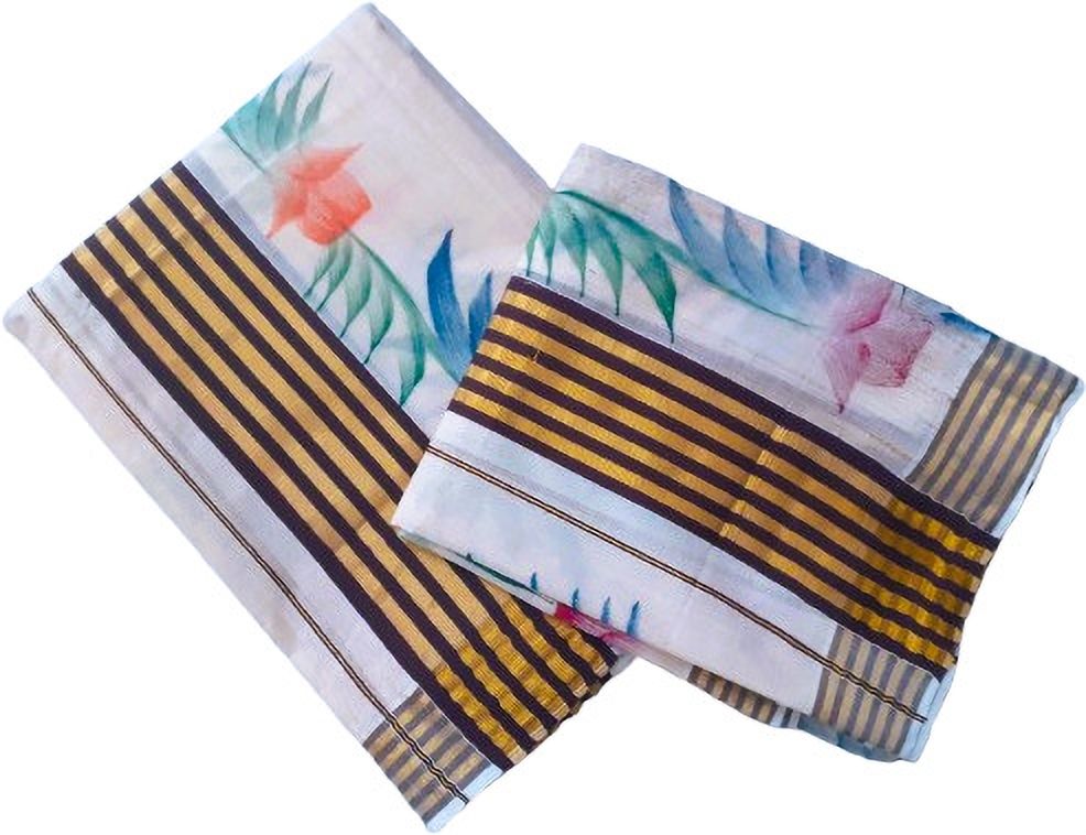 Creative weaves kerala kasavu striped border hand painted setmundu with blouse Striped, Self Design, Embellished, Floral Print Women Dhoti-image-6