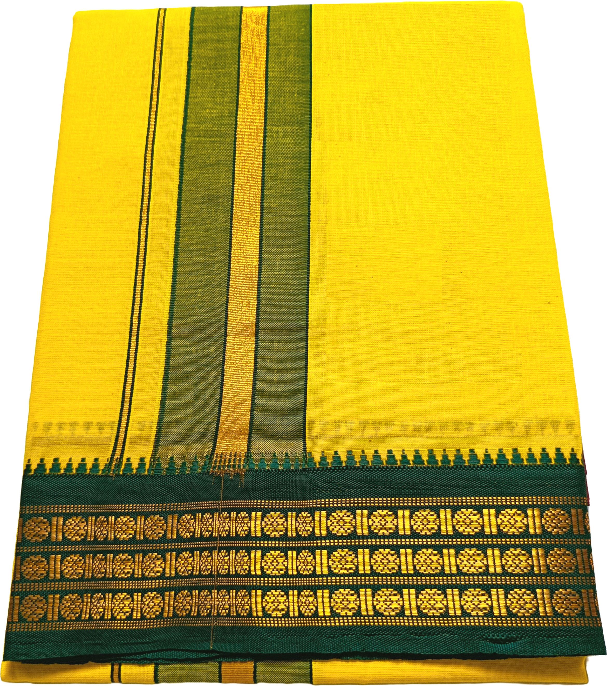 Sri Kamakshi Tex Traditional 2'Meter Pure Cotton Lemon Yellow Color With Gold Zari Border Self Design Men Dhoti