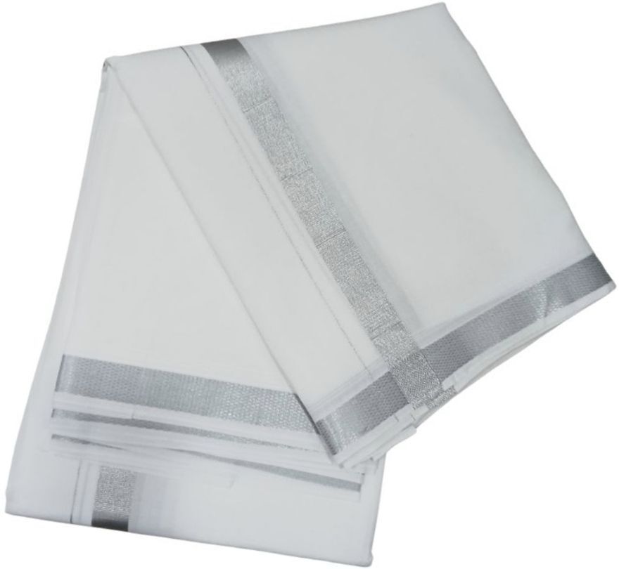 NANMAYA Men Cotton Double Layer White Dhoti Mundu with 1" Silver Jari Border 4.00 Mtrs Solid Women Dhoti-picture-38
