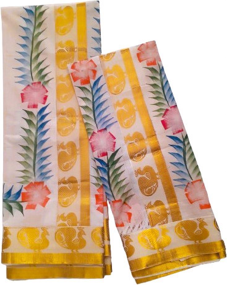 Fashionkiosks Women's Kasavu Set Mundu 2x2.5mts with Fancy Gold Lace and Floral Hand Paint Solid, Woven, Striped, Floral Print, Animal Print Women Dhoti-image-42