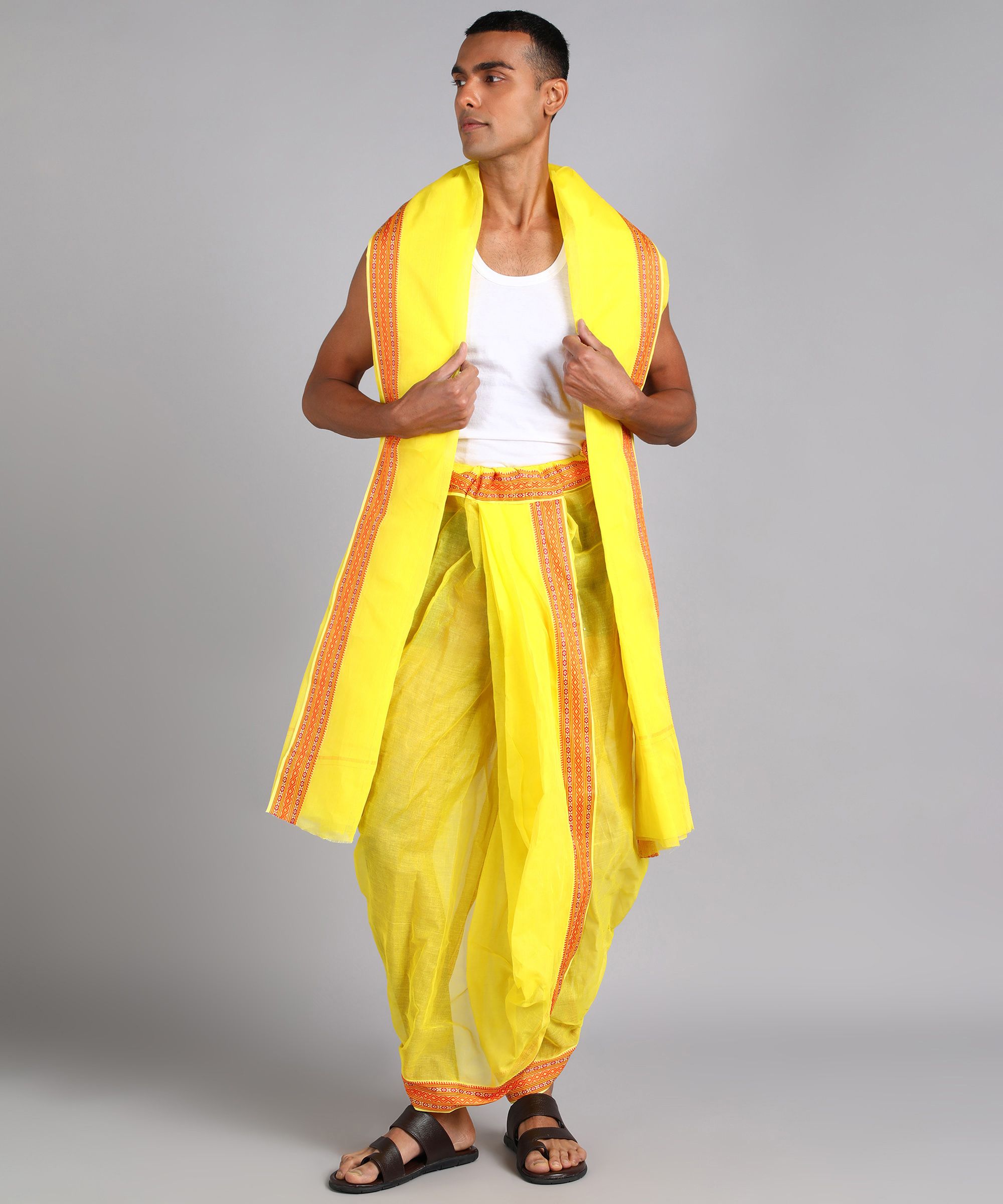 SAC SHREE APARAJEET CREATIONS Mens Yellow Colour Panjakejam Readymade dhoti and towel set Free size 100%cotton Self Design, Striped Men Dhoti-picture-25