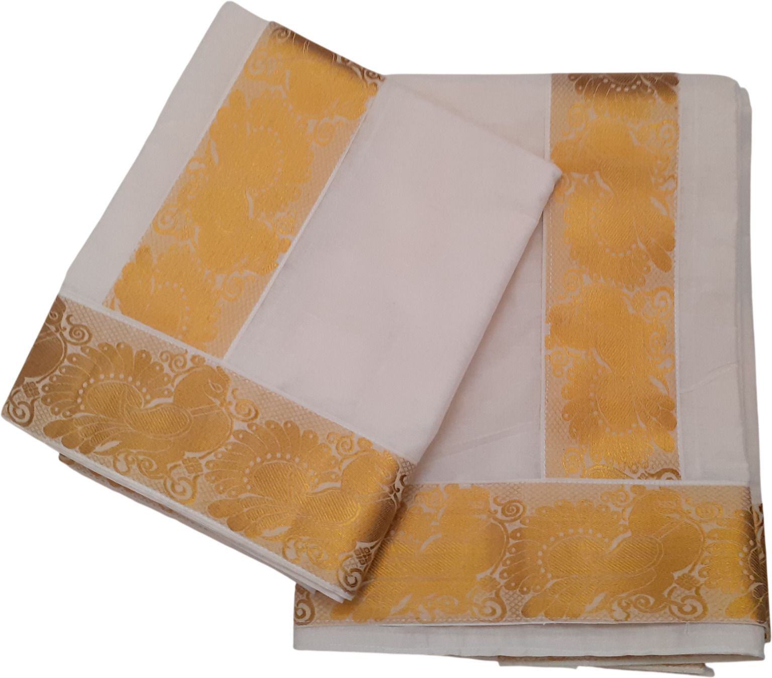Darps Women's Kerala Gold Peaacock Lace Setmundu Animal Print, Self Design Women Dhoti-image-33