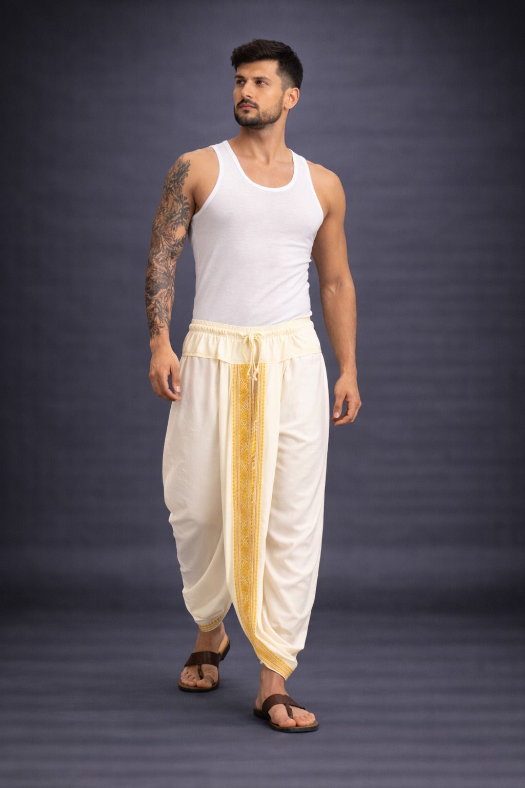 SAC SHREE APARAJEET CREATIONS Men's Art Silk Readymade Raedu to Wear Dhoti with Wide Golden Zari Border Self Design Men Dhoti-picture-22