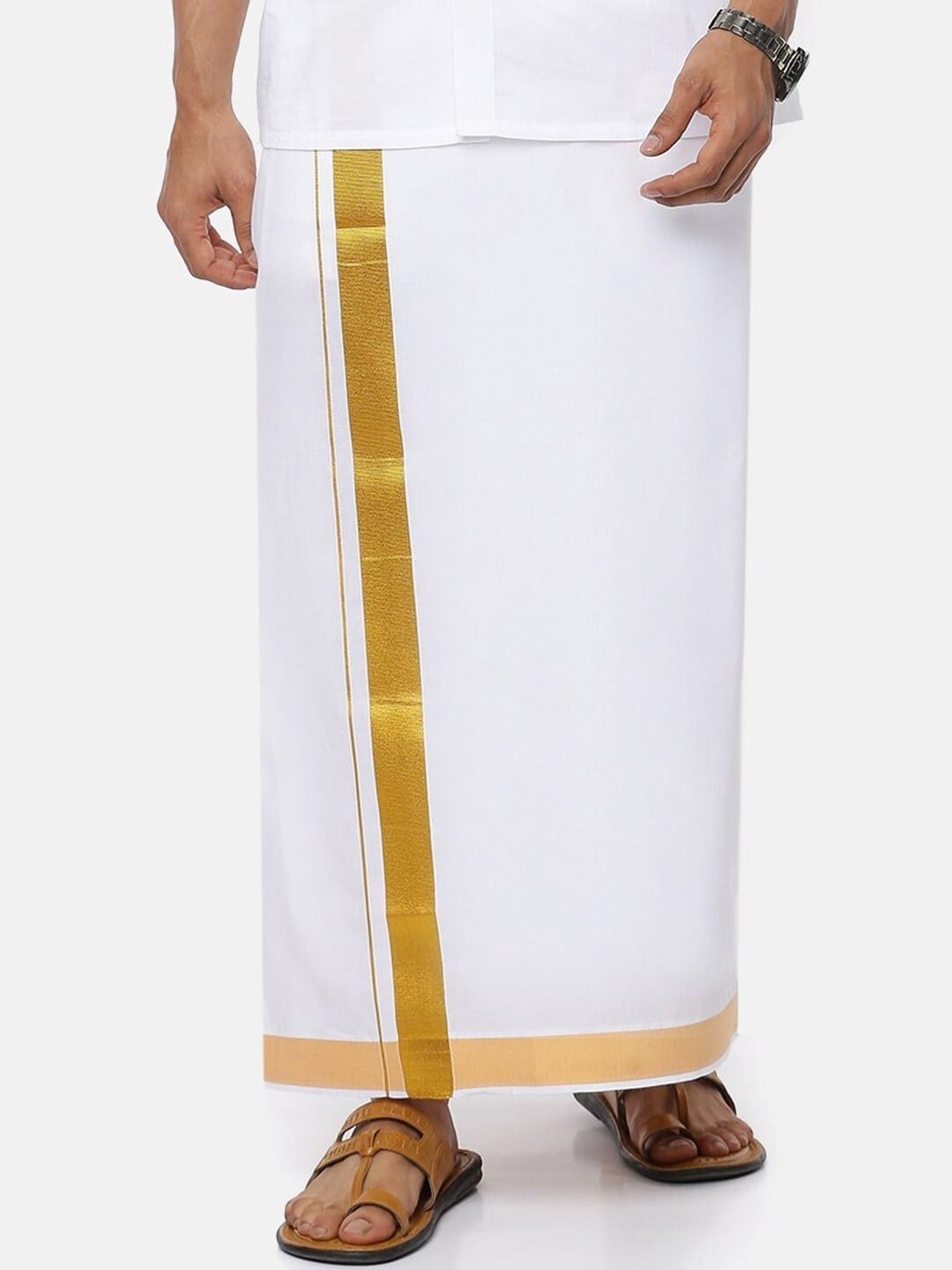 Ramraj Cotton Single layer White with 1 1/2 inch Gold Jari Border Solid Men Dhoti-picture-32