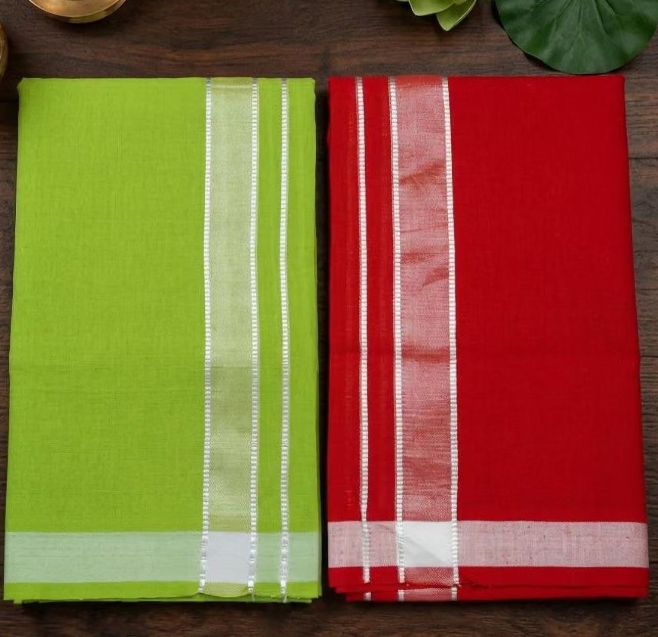 Shri Raghavendra Textiles Premium quality Apple Green and Red Premam Dhoti Combo for Men (Pack of 2) Self Design Men Dhoti-image-4