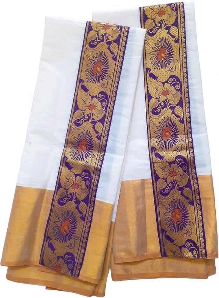 Creative weaves Women Set Mundu 2x2.6mts SIngle with woven gold border and middle lace Border Floral Print, Embellished Women Dhoti-image-8