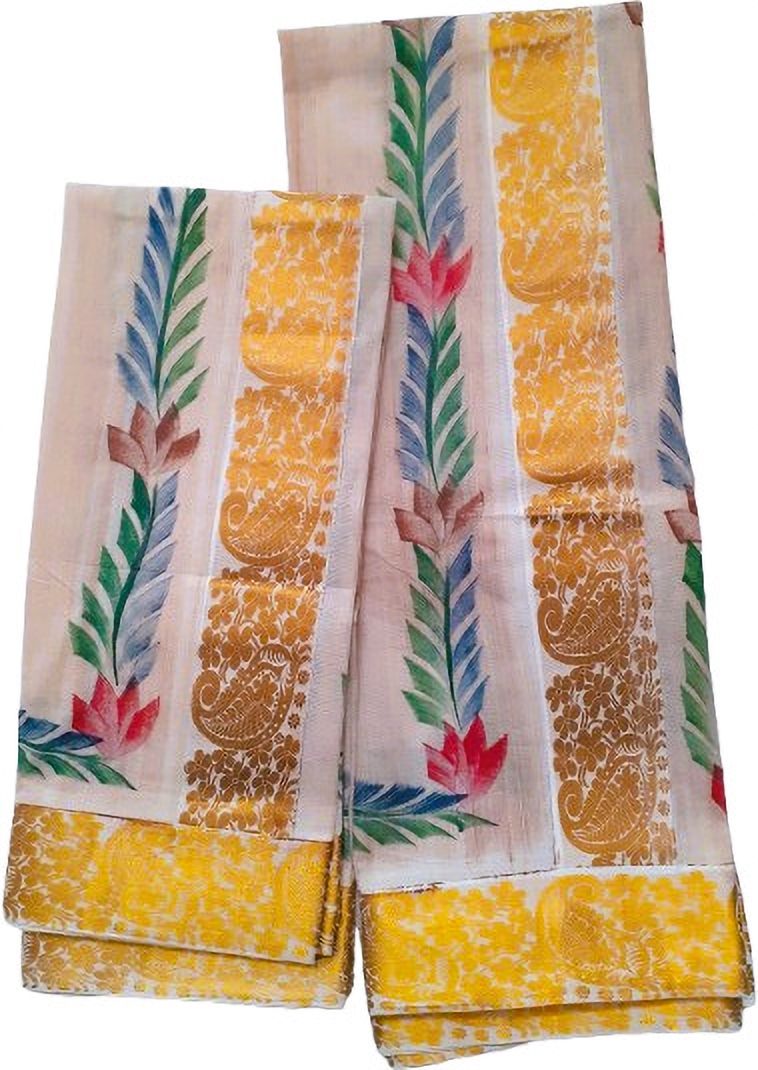 Fashionkiosks Women's Kasavu Set Mundu 2x2.5mts with Fancy Gold Lace and Floral Hand Paint Solid, Woven, Striped, Floral Print, Animal Print Women Dhoti-image-43