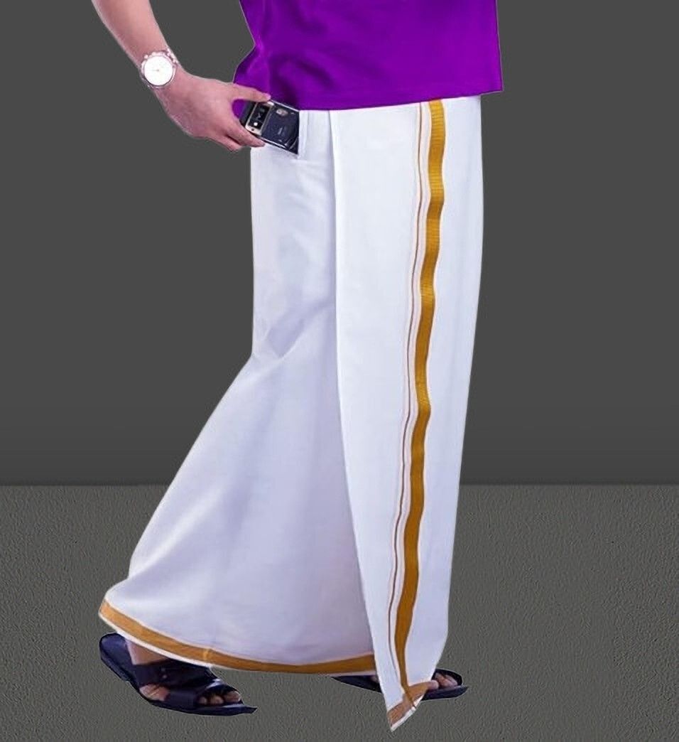 GUGOLIYA PREMIUM Adjustable Velcro Cotton Pocket SINGLE Dhoti with Gold Jari Border Solid Men Dhoti-image-20