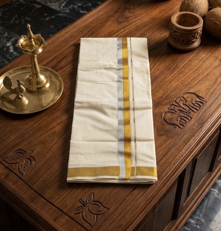 NANMAYA Men Cotton Double Cream Dhoti Mundu with 1" Silver and Gold Border 4.00 Mtrs Solid Women Dhoti-image-38