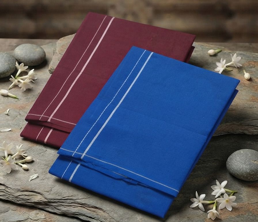 Shri Raghavendra Textiles Men's Cotton Kambi Karai Dhoti Set – Maroon & Blue | Traditional Wear Self Design Men Dhoti-image-48