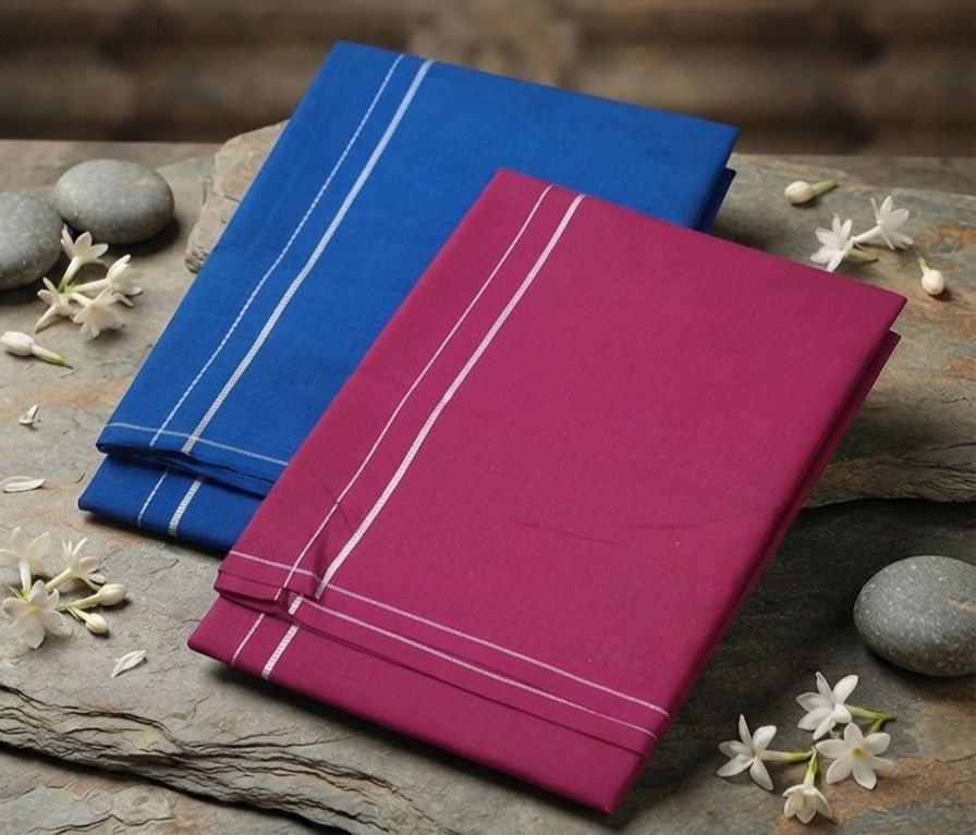 Shri Raghavendra Textiles Premium Blue & Pink Cotton Kambi Karai Dhoti Set – Festive Men's Traditional Self Design Men Dhoti-picture-21