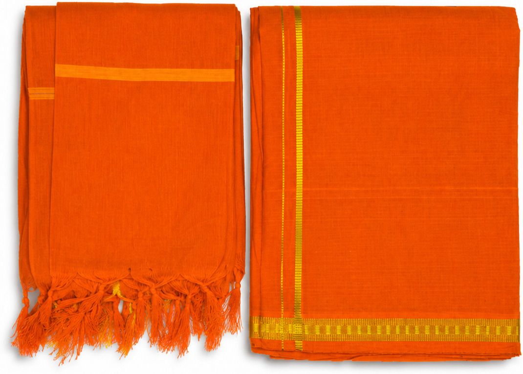 Mithulya Home Products Mithulya Cotton Pure Cotton Orange Dhoti & Angavastram Set Solid Men Dhoti-image-13
