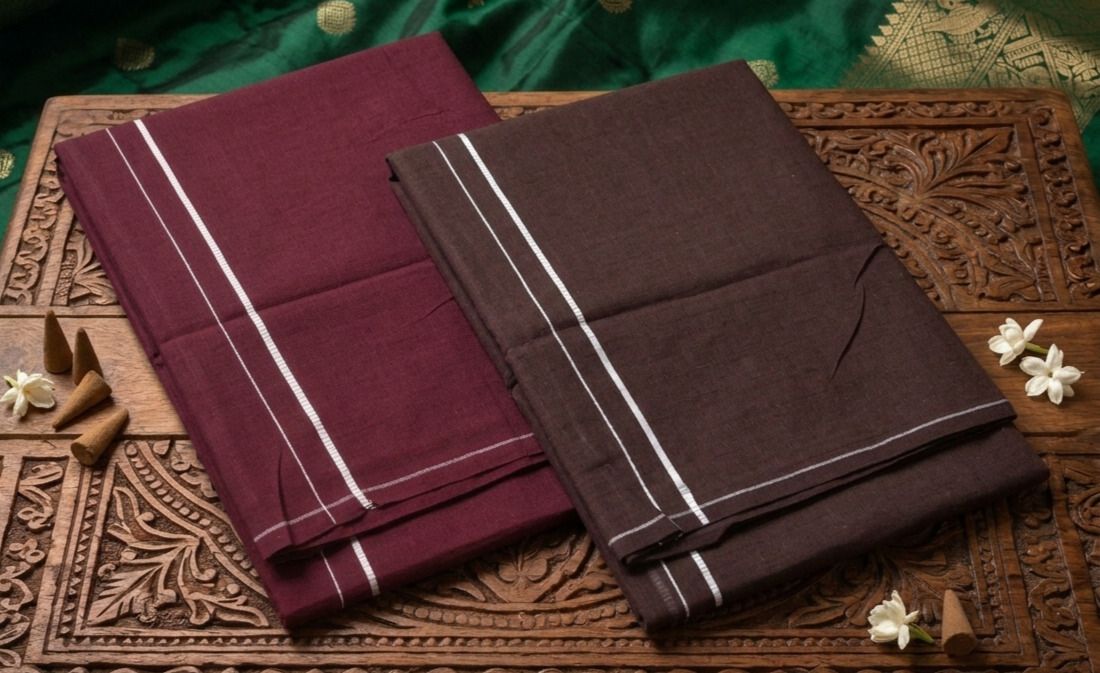 Shri Raghavendra Textiles Premium Maroon & Brown Cotton Kambi Karai Dhoti Set – Festive Men's Traditional Self Design Men Dhoti-picture-41