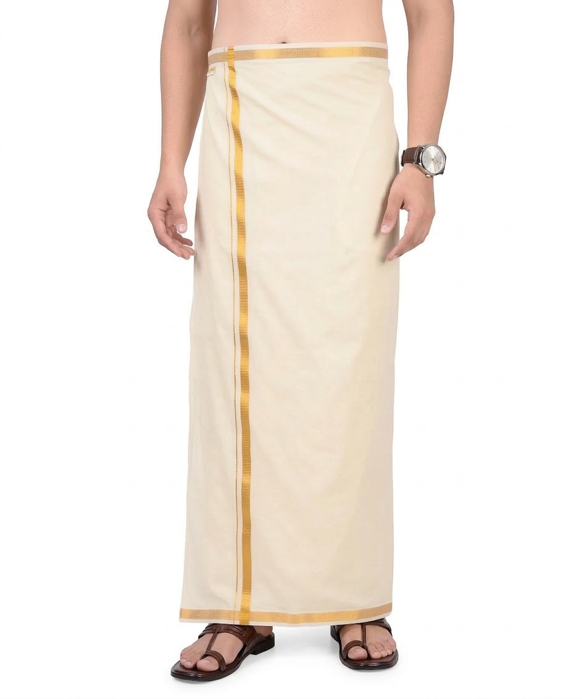 String VELCRO DHOTI WITH GOLDEN ZARI BORDER 2 mtr Solid Men Dhoti-picture-16