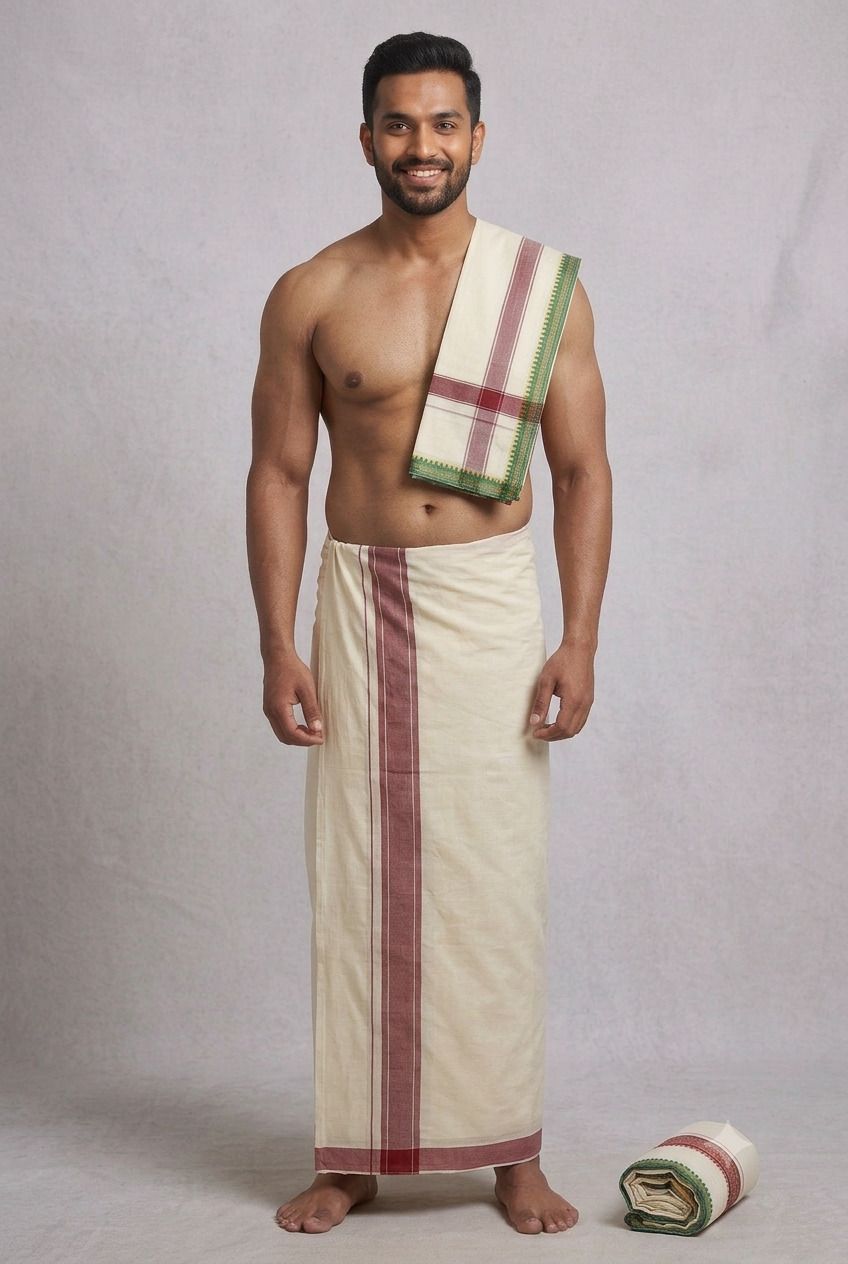 BANARASI POSHAK Men Traditional Cotton Lungi with Matching Angavastram, Kerala Style Mundu Set1 Self Design Men Dhoti-image-29