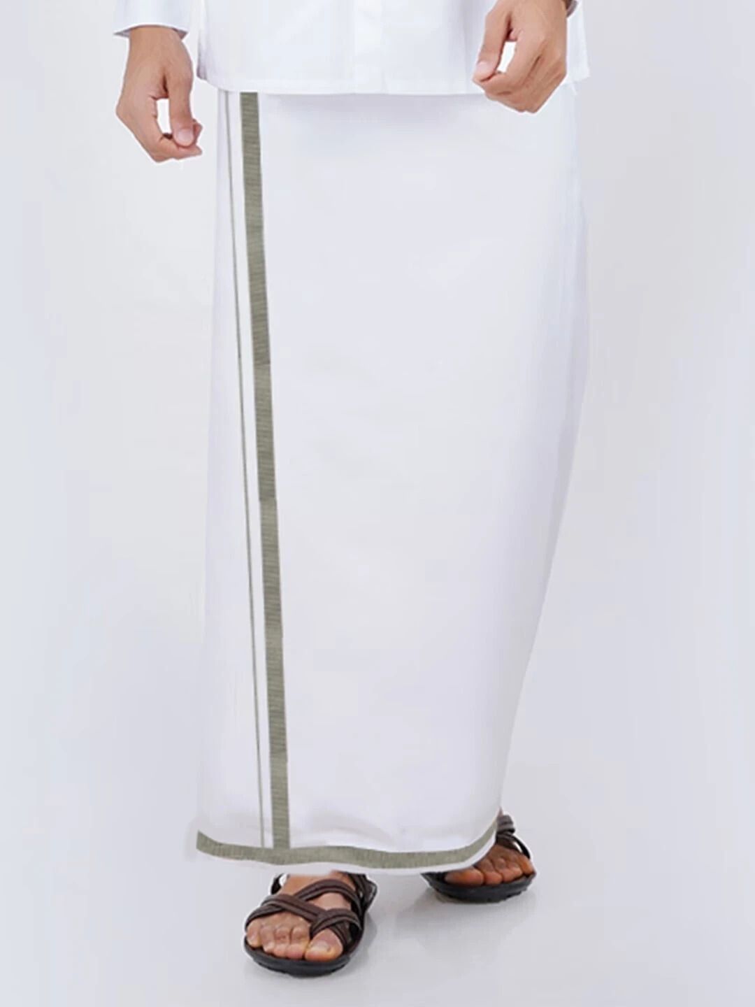 Ramraj Cotton Single Layer Cotton Blend White with 3/4 Silver Jari Border Solid Men Dhoti-picture-12