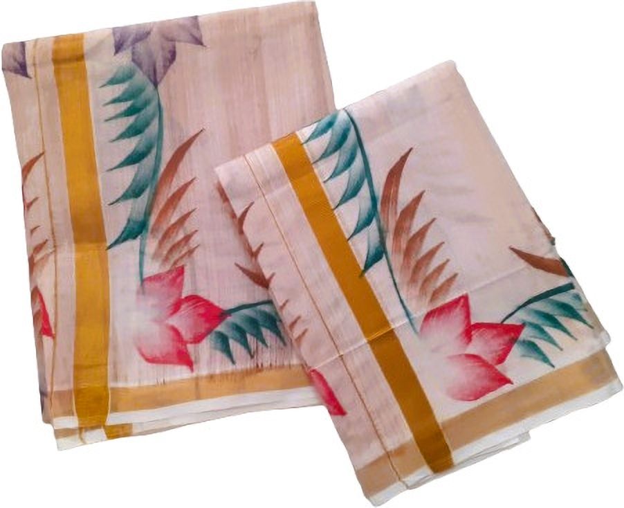 Fashionkiosks Womem's Set Mundu In cotton woven zari border and Hand Paint Woven, Floral Print Women Dhoti-image-42