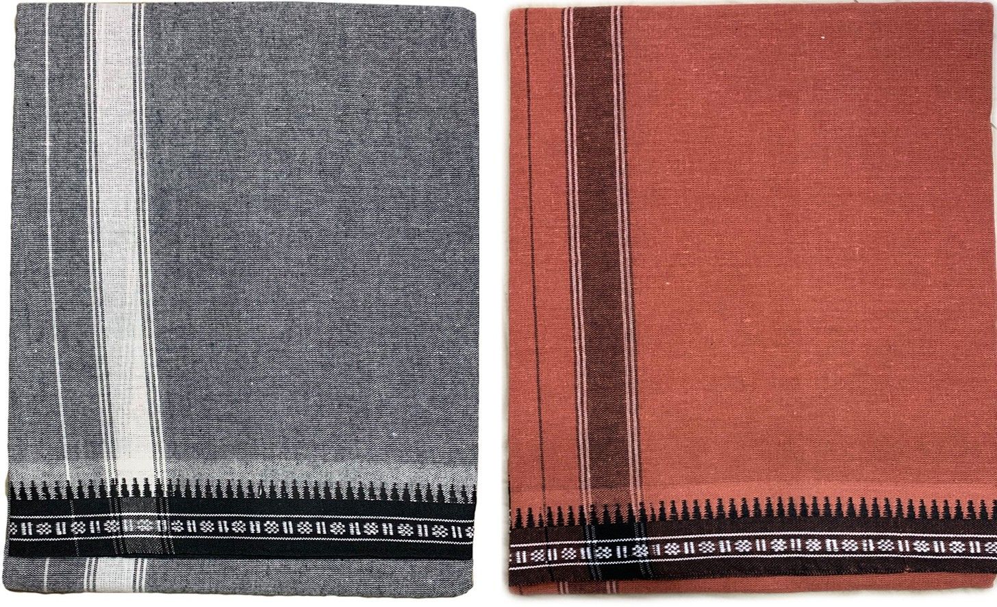 Prakasam Cotton Premium quality Mens Kerala Style Thalapathi Border Single (1.28X2.00 mtrs) -Dhoti-kerala Single mundu (Pack of 2 dhoties)-Ash:Kaavi Solid Men Dhoti-picture-20