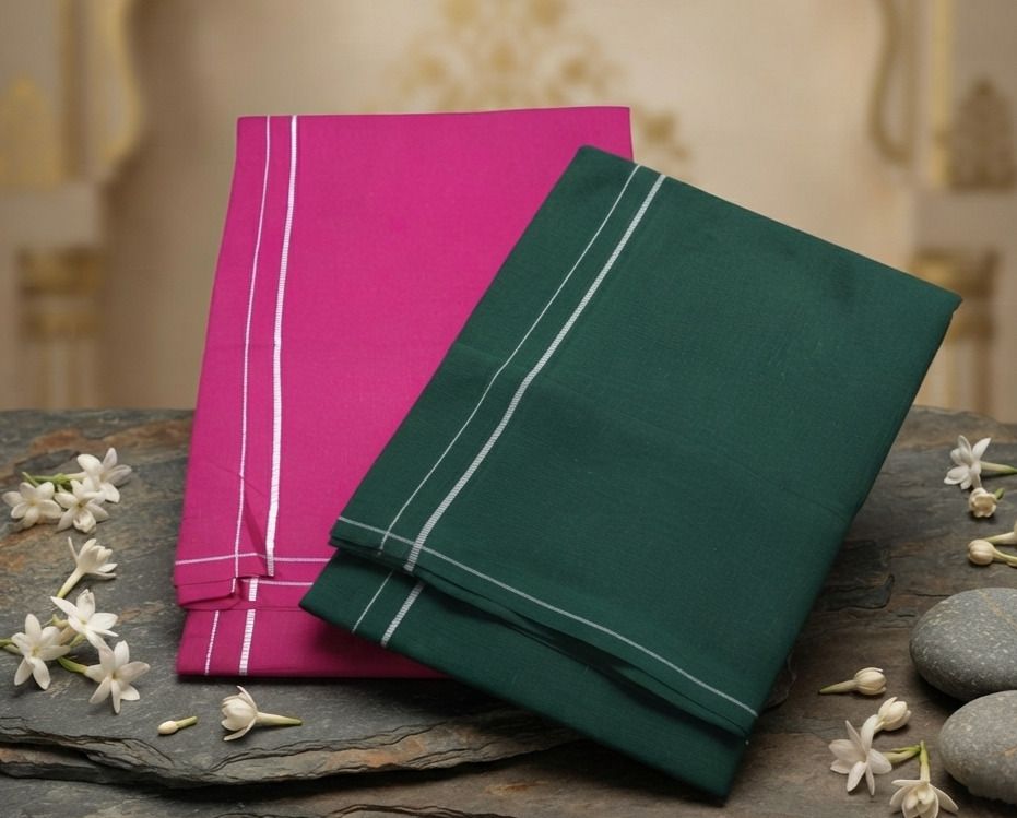 Shri Raghavendra Textiles Premium D.Green & Pink Cotton Kambi Karai Dhoti Set – Festive Men's Traditional Self Design Men Dhoti-picture-29