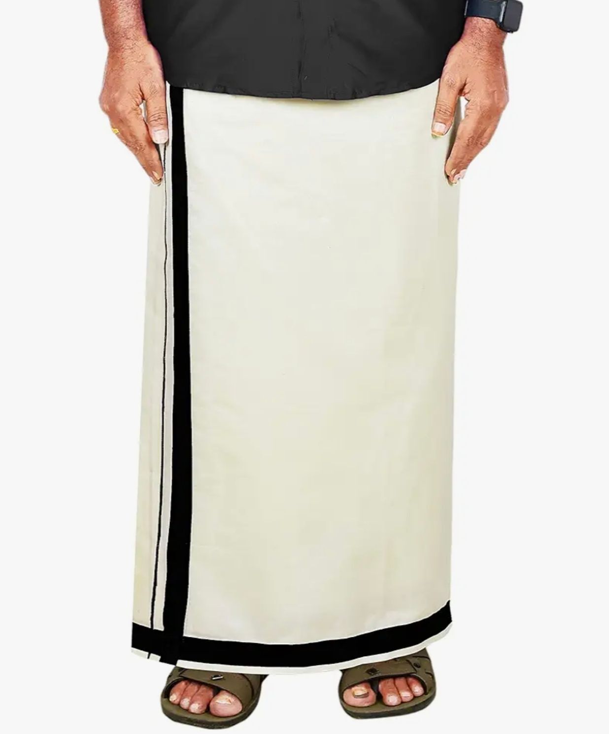 NANMAYA Men Cotton Double Layer Cream Dhoti Mundu with 1" Black Border 4.00 Mtrs Solid Women Dhoti-picture-15