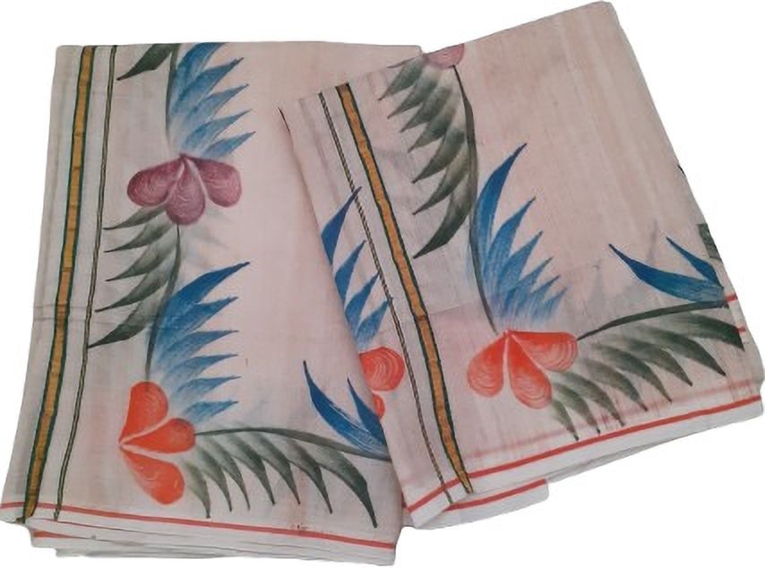 Darps Striped Lace peacock feather & Floral Design Hand Painted setmundu Striped, Animal Print Women Dhoti-image-47