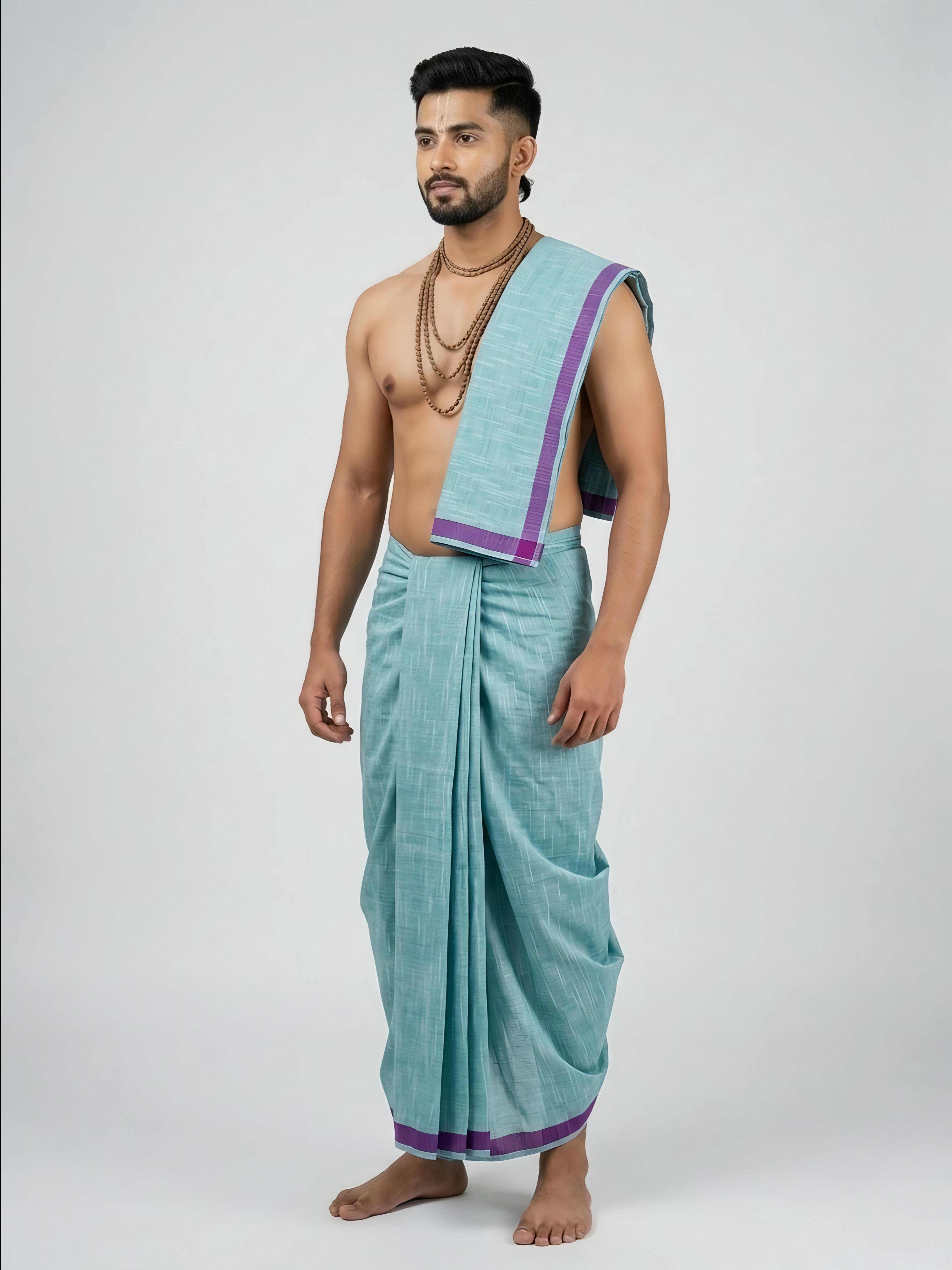 SUJAS Dhoti and Uttariya Set Light Sea Green cotton Solid Men Dhoti-image-29