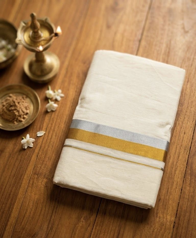 NANMAYA Men Cotton Double Cream Dhoti Mundu with 1" Silver and Gold Border 4.00 Mtrs Solid Women Dhoti-image-42