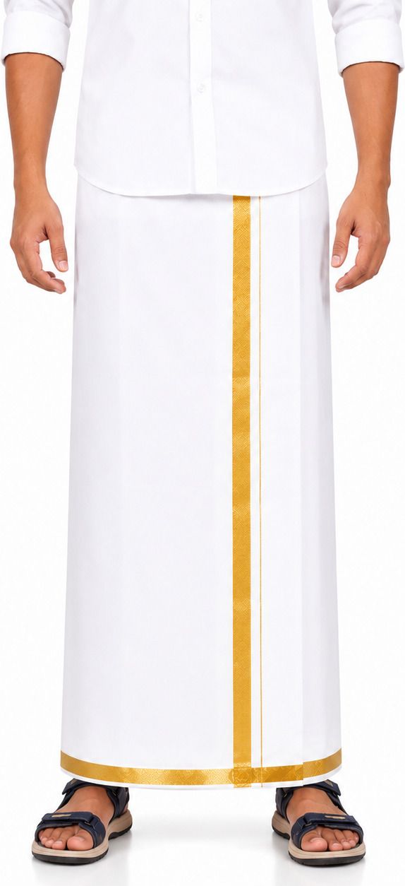URIYAVAL URIYAVAL Men's Cotton Dhotis 4 Muzham White Veshti with Border Traditional Wear Solid Men Dhoti-image-3
