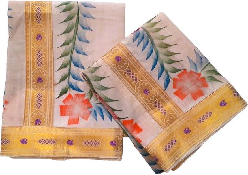 Creative weaves Kerala Fancy Gold Floral With Mango lace & Leaf Design Hand Painted Set Mundu Embellished, Floral Print, Self Design Women Dhoti-picture-37