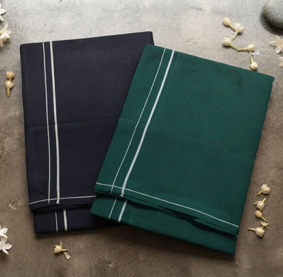 Shri Raghavendra Textiles Premium Navy & Green Cotton Kambi Karai Dhoti Set – Festive Men's Traditional Self Design Men Dhoti-image-8