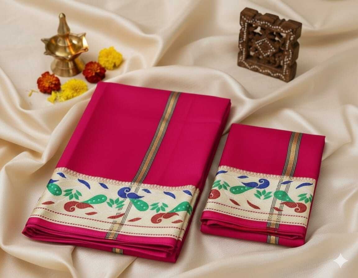 KIRAN SILK Traditional Fancy Man Silk Dhoti & Dopatta With Peacock Border Rani Woven Men Dhoti-picture-45