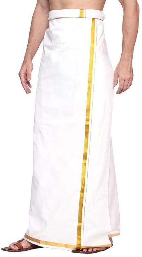 CHIKU CHERRY Golden Jari Cotton Blend White Solid Lungi Solid Men Dhoti-picture-11