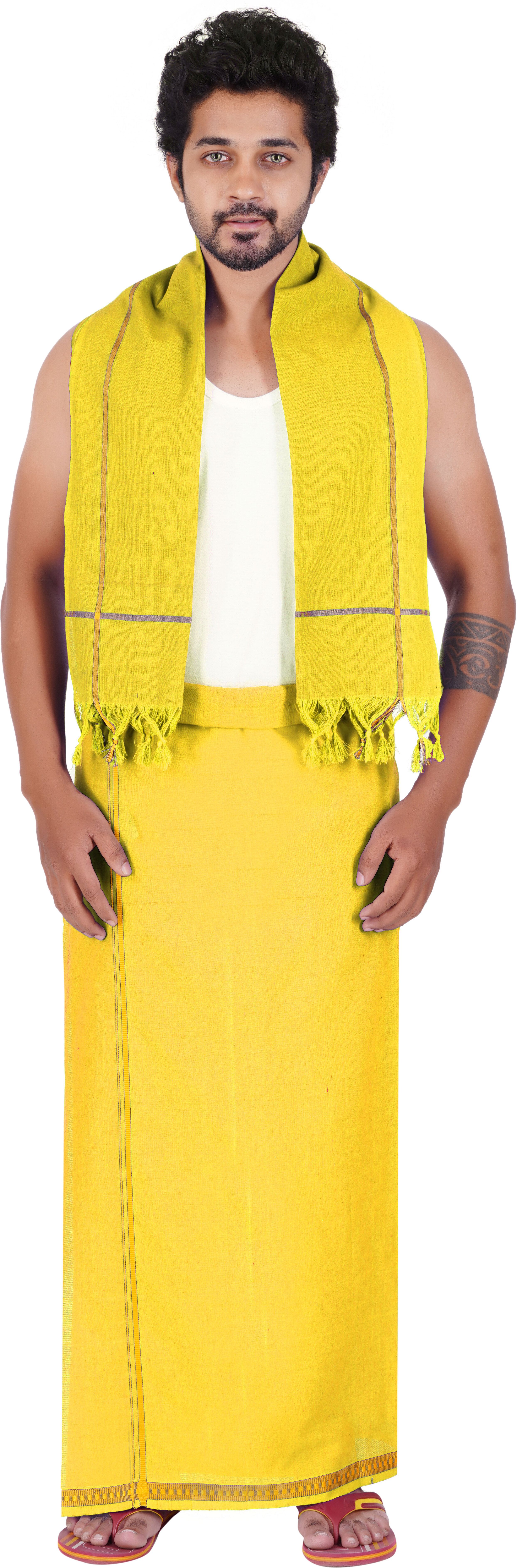 Prakasam Cotton yellow bentex Single Dhoti & matching Towel Solid Men Dhoti-picture-27